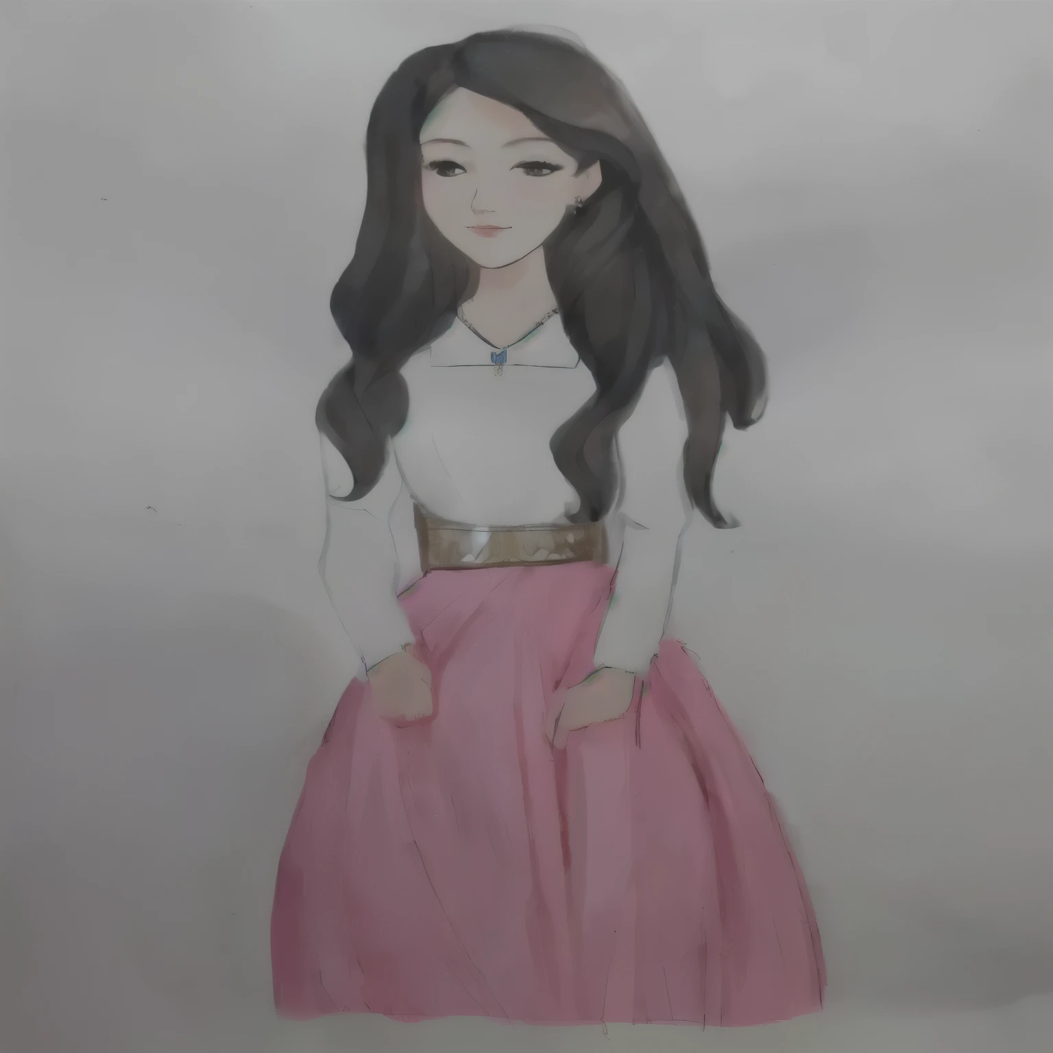 a drawing of a woman in a pink skirt and white blouse, full - length portrait, retrato de meio corpo, colourful drawing, inspired by Francesco Hayez, colourful drawing, inspired by Altoon Sultan, full - length portrait, character full - length portrait, !!full - length portrait!!, Inspirado em Reyna Rochin, inspired by Olivia Peguero, dressed with long fluent clothes