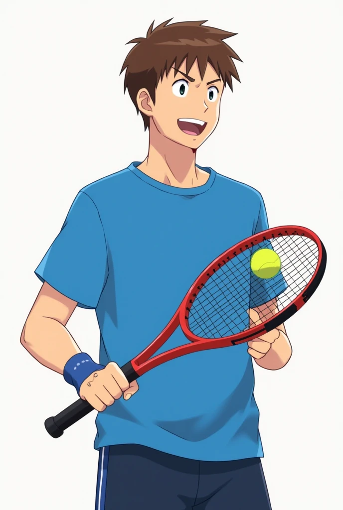 A male figure with a blue shirt and blue and black shorts and brown hair holding a tennis racket