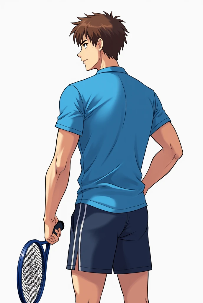 A male figure with a blue shirt and blue and black shorts and brown hair holding a tennis racket
