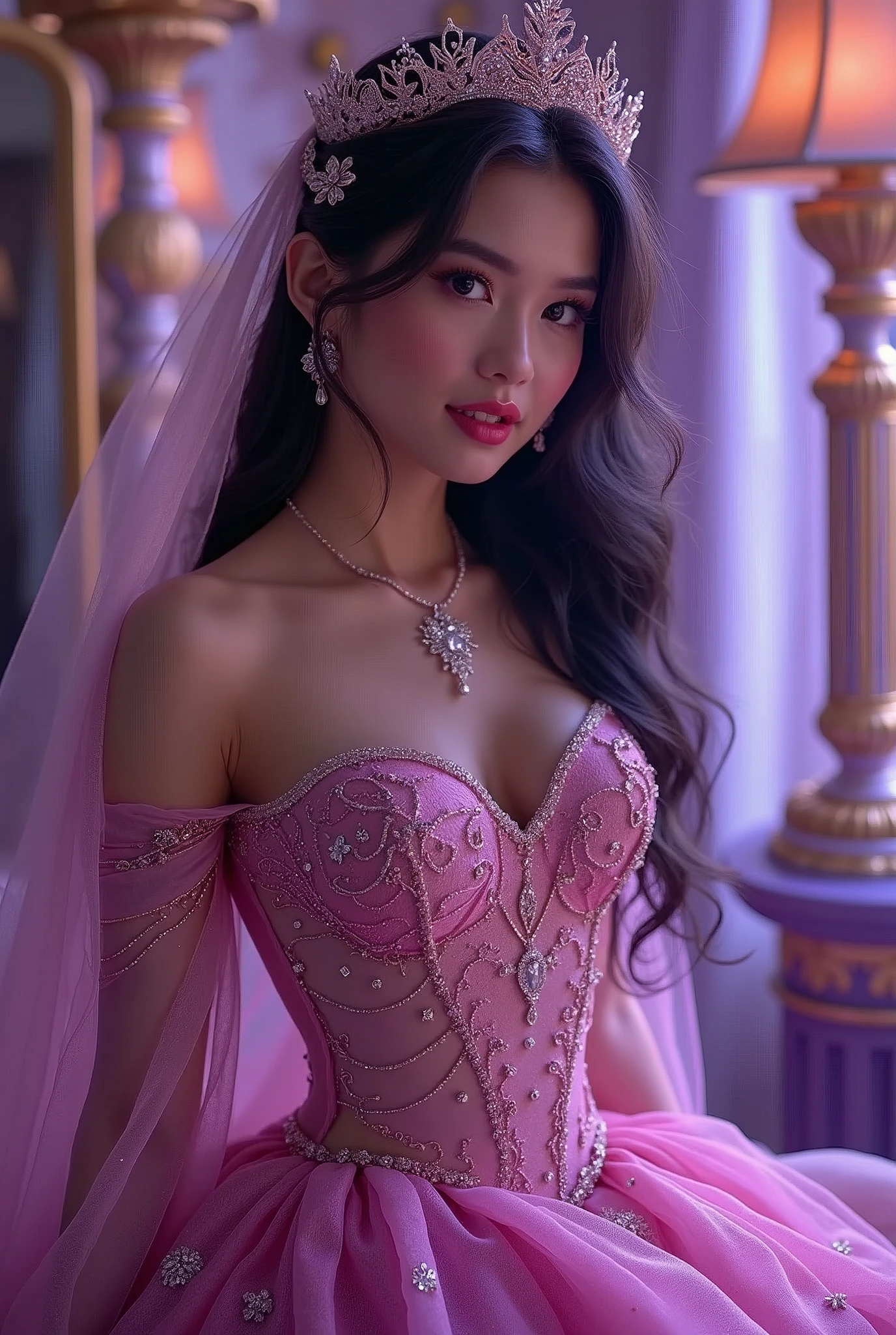 ((Highest quality、Flying debris、8k、Best image quality、Extremely intricate and detailed))、(The most gorgeous high-end prostitute princess:1.1)、(The most gorgeous prostitute princess&#39; finest outfit:1.1)、The most vibrant and luxurious prostitute costumes、(An unimaginably luxurious goddess&#39; room:1.1)、(Sparkly purple and pink princess room:1.1)、The most luxurious purple and pink room、Purple and pink gemstones、A glittering room decorated with many jewels、Night room、Very intricate decoration、A very transparent goddess&#39; room、Perfect Makeup、Long eyelashes、lipstick、Pink Eyeshadow、Perfect Anatomy、Ultra-high definition glossy skin、Ultra-high definition glossy lips、Ultra HD Hair、Ultra high definition beauty face、Ultra-high definition sparkling eyes、Long Hair、(A beautiful, captivating smile staring at me:1.1)