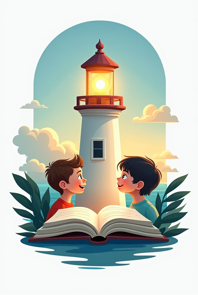 Create a logo with the following icons: a lighthouse a book and two children

