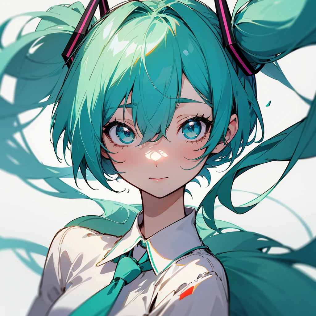 anime girl with blue hair and green eyes in a white shirt, mikudayo, hatsune miku short hair, anime girl with teal hair, hatsune miku, portrait of hatsune miku, miku, twintails, seductive anime girl, top rated on pixiv, hatsune miku portrait, anime moe artstyle, at pixiv, hatsune miku face, anime girl