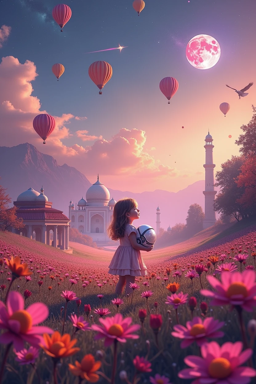 Vast landscape photography , (A view from Top, floating clouds above and the North Indian wide fields below), A girl standing in a flower field looking up, she is holding an Astronaut Mask, surrounded by colorful hot air balloons, Elephants dressed as clowns, Flying cats, Dogs, (full moon:1.2), (Taj Mahal:2.1),(Kutub Minar:1.2)( shooting star:0.9), (nebula:1.3), Distant Mountain, Tree break Production Art, (Warm light source:1.2), (fire Fly:1.2), lamp, Lots of purple and orange, Intricate details, Volumetric lighting, Realism Break (masterpiece:1.2), (highest quality), 4K, Super detailed, (Dynamic configuration:1.4), Very detailed, Colorful details,( Rainbow-colored:1.2), (Shining Lights, Atmospheric lighting), dream-like, Magic, (alone:1.2), Detailed girl face
