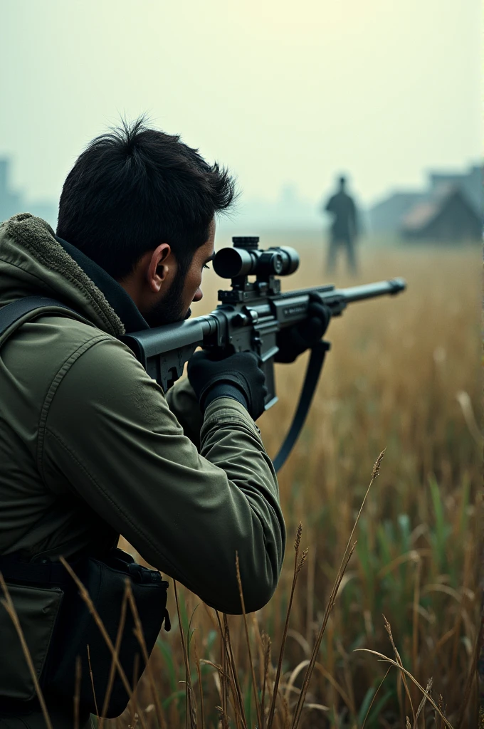 In a battle field where a person with sinper shooting a enemy about a distance about 500 meters. He is sinper is covered with grass and the area is filled with destroyed house and paddy fields 