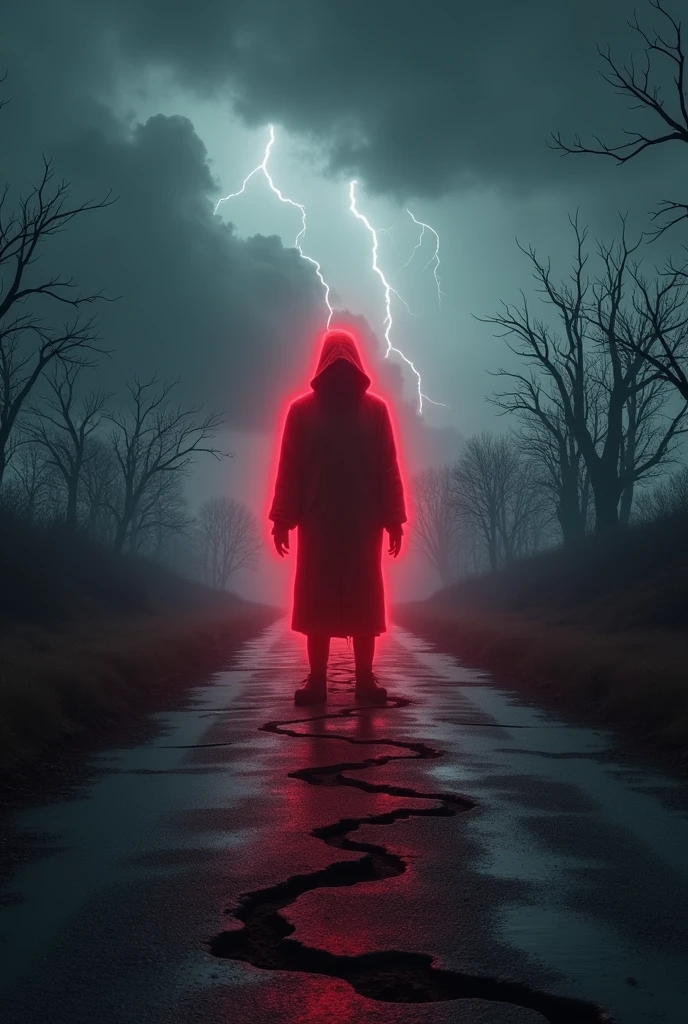 An ominous and dark background featuring a cloudy, stormy sky with lightning illuminating the scene. The setting is eerie, with barren trees that have twisted branches reaching out like claws. In the center of the image, a figure stands glowing in red, their outline strong and foreboding, symbolizing 'Toxic & Fake Influencers.' The road beneath the figure stretches out into the distance, cracked and broken, emphasizing a sense of decay and darkness. The overall mood of the scene is unsettling, with an atmosphere of doom and gloom, highlighting the destructive influence of toxic personalities."