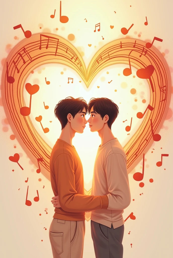 The cover of the story requires a heart with warm-toned musical notes expressing the love of two boys, the title is When the Heart Sings. Characters drawn in Korean style