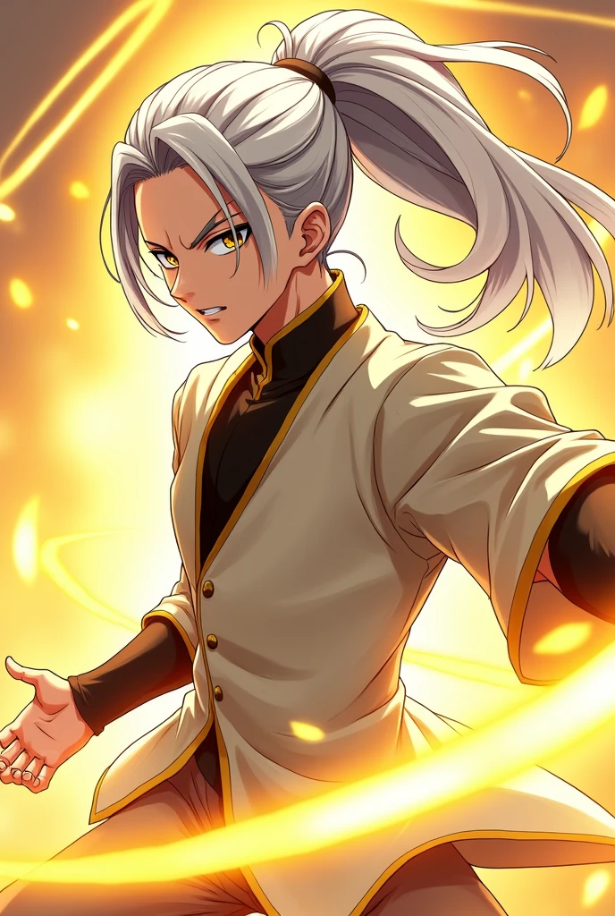 I would like to make an anime version, I want a character with long silver hair and a ponytail, outstanding golden oriental eyes and fearsome, male golden ray controller style fighter skilled enough to destroy enemies, slim and strong body, preference for light-colored clothes with black and gold features