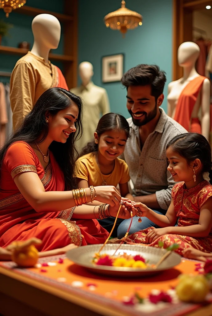 Store window displays ideas for raksha bandhan reliance trends add mannequins also shows some kind of story in it reliance trends in retail store for clothing add a feel for Rakhi the main element is missing so add that this will be in-store display so make sure it should be perfect this is a festival of brothers and sisters no generated more realistic one which shows Indian culture add entire family into the idea the stories is a sister tieing rakhi to her brother and the family enjoying it add few male mannequins
