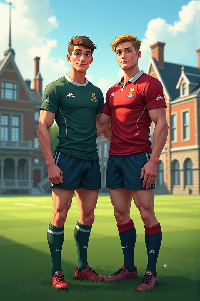 A field of a huge and magnificent American school for rugby in the city of Cork in Ireland,
An 18-year-old young rugby player with short brown hair and blue eyes and his boyfriend who is also an 18-year-old young rugby player with short hair and sea blond honey brown eyes and both with muscles 185 cm tall
