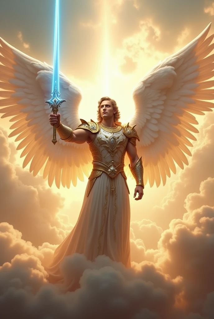 (super realistico) (supreme image quality) (work of art)(beautiful perfect face)(super verbose)
"Create an image of Archangel Michael, depicted as a majestic, protective figure with large, resplendent wings. He is dressed in shining armor and holds a blue light sword.. the background is heavenly, with soft clouds and a golden aura around him. The image must convey power, protection and a sense of divine peace."