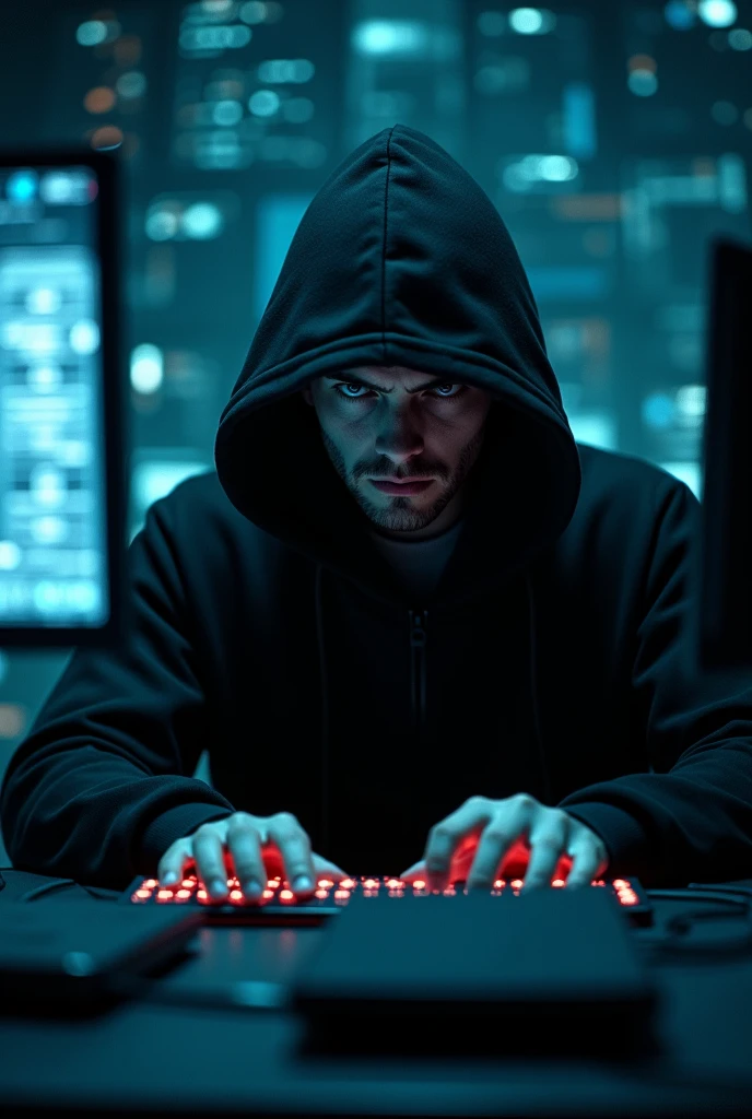 Make a photo of hacker looking in the front 