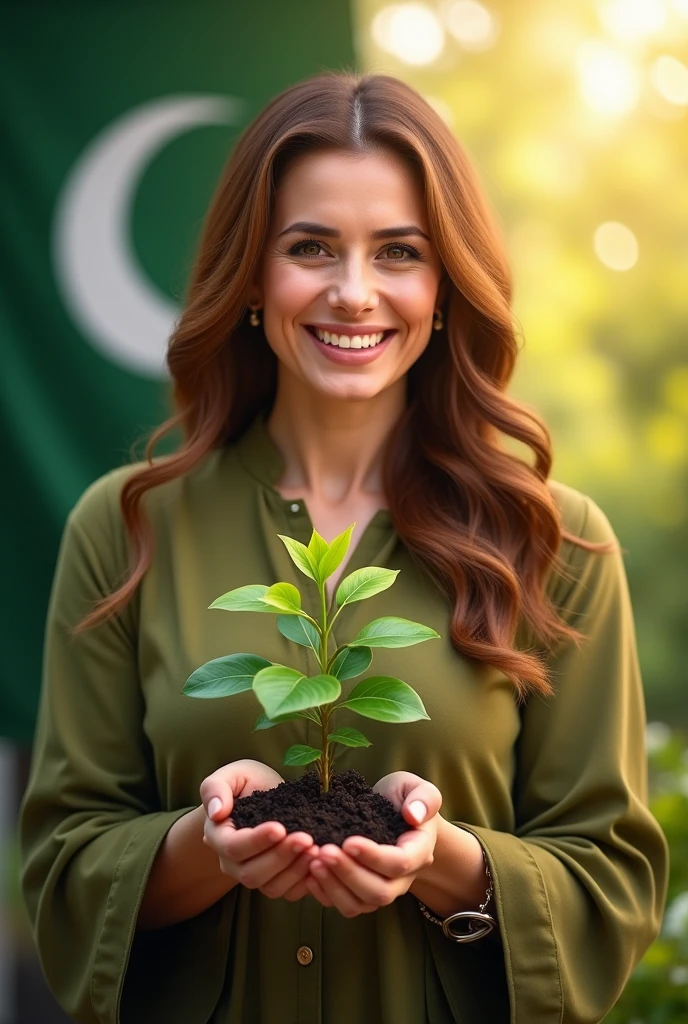 Please create an image featuring the Chief Minister of Punjab Maryam nawaz sharif holding a small plant in her hands while smiling warmly at the camera. The background should prominently feature the Pakistani flag, with soft sun rays filtering through, creating a warm and uplifting atmosphere.