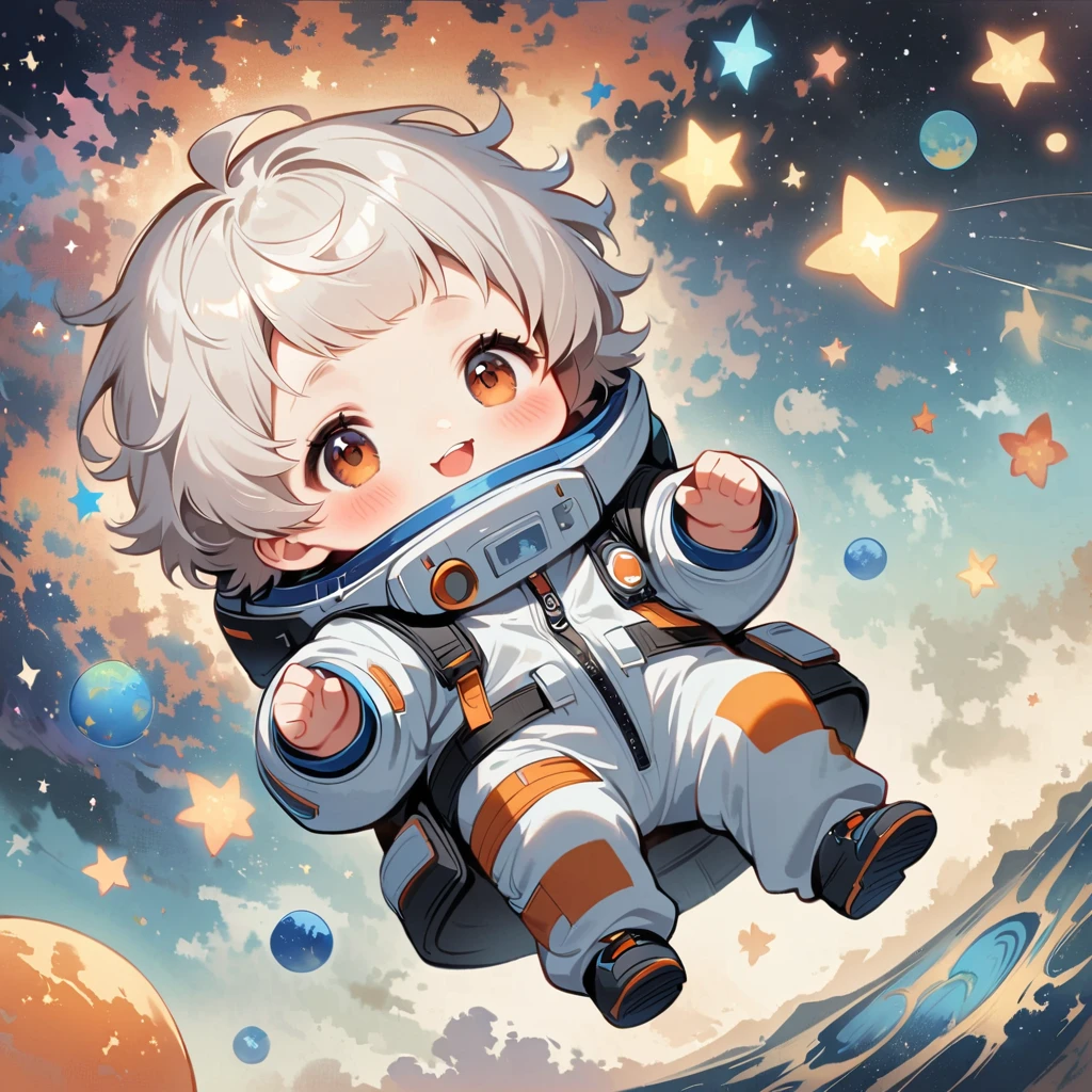 man boy sit in spacesuit floating in space,white hair, surrounded by the Milky Way, the universe , cutely. กินขนม เจอเอเลี่ยน
