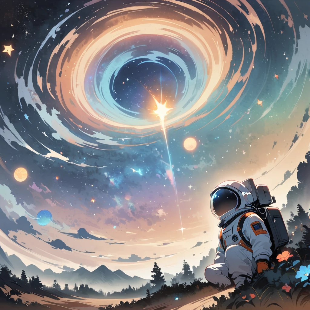 man boy sit in spacesuit floating in space,white hair, surrounded by the Milky Way, the universe , cutely. กินขนม เจอเอเลี่ยน