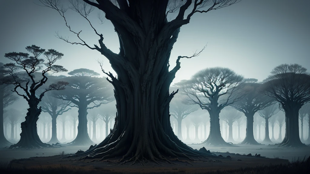 Create an image of the Shadow Realm. It should be depicted as a dark, foreboding land with twisted, barren trees and a perpetual twilight sky. The landscape should include ominous, crumbling ruins and a dark, swirling mist that covers the ground. Dark, shadowy figures can be seen lurking in the background, adding to the eerie and menacing atmosphere."