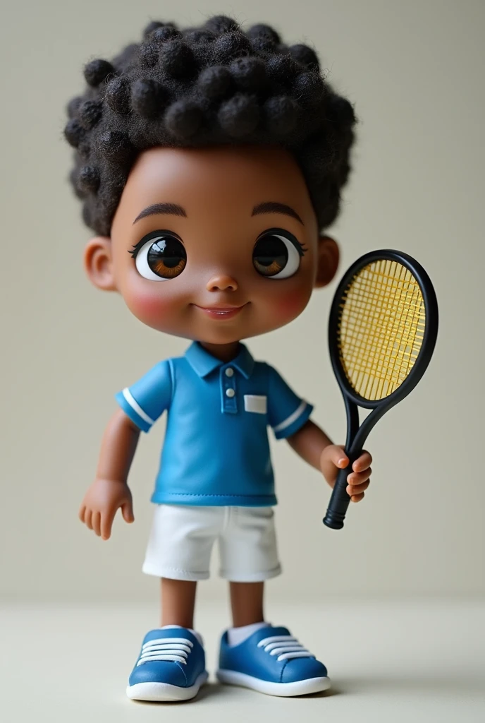 A small male doll with a blue shirt and blue shorts, black and brown man holding a tennis racket