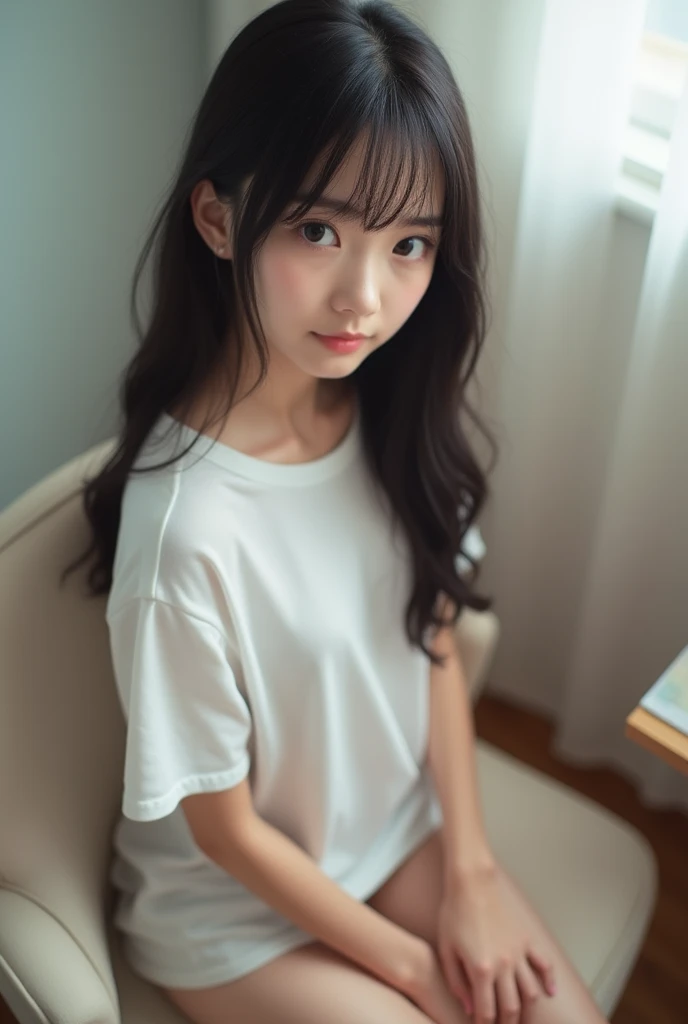 An ultra-high picture quality、Perfect Photo、Japan beautiful girl、17 age、female high-school student、Slender body、Black hair Long hair、With bangs、Cute room、Own room、Sit on a chair、Raised tretch comfortably、Wearing only a plain white T-shirt、Gaze from above、Nokezoru、Adored expression、It hurts a lot、Dazzling、Looks very dazzling、Stand up on one knee、Put one foot on the chair、naked, nipples, panty shots