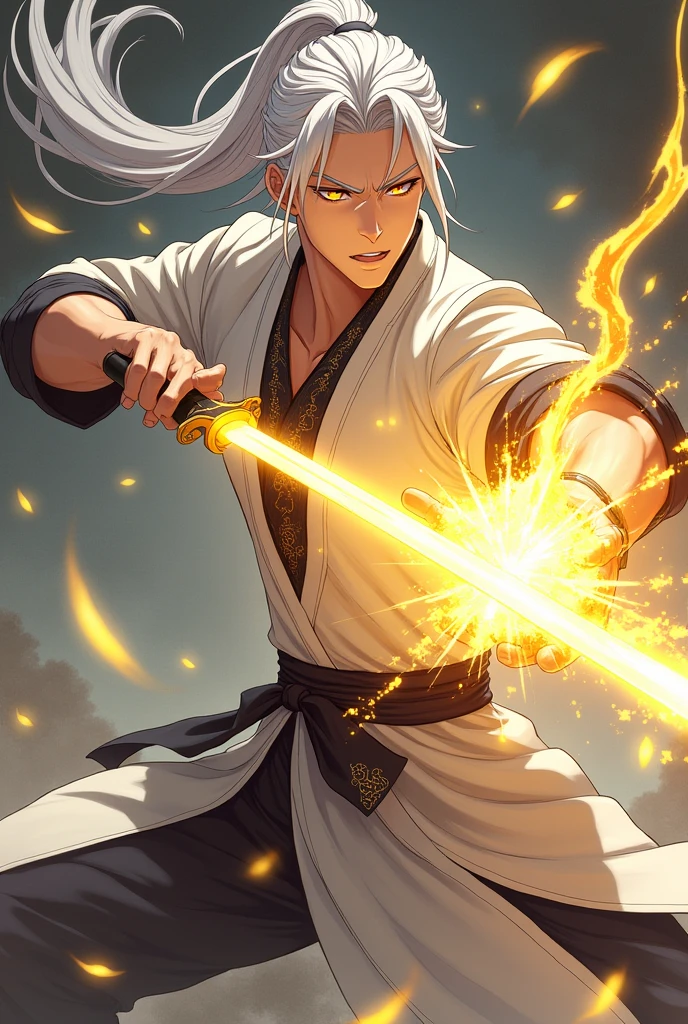 I would like to make an anime version, I want a character with long silver hair and a ponytail, outstanding golden oriental eyes and fearsome, male golden ray controller style fighter skilled with swords enough to destroy enemies, slim and strong body, preference for light-colored clothes with black and gold features