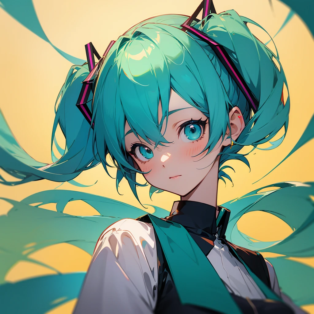 anime girl with blue hair and green eyes in a white shirt, mikudayo, hatsune miku short hair, anime girl with teal hair, hatsune miku, portrait of hatsune miku, miku, twintails, seductive anime girl, top rated on pixiv, hatsune miku portrait, anime moe artstyle, at pixiv, hatsune miku face, anime girl oil painting