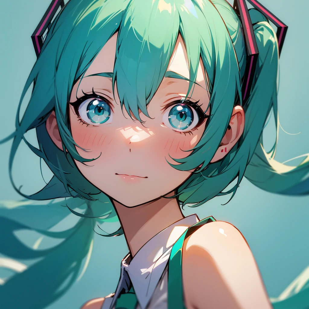 anime girl with blue hair and green eyes in a white shirt, mikudayo, hatsune miku short hair, anime girl with teal hair, hatsune miku, portrait of hatsune miku, miku, twintails, seductive anime girl, top rated on pixiv, hatsune miku portrait, anime moe artstyle, at pixiv, hatsune miku face, anime girl oil painting