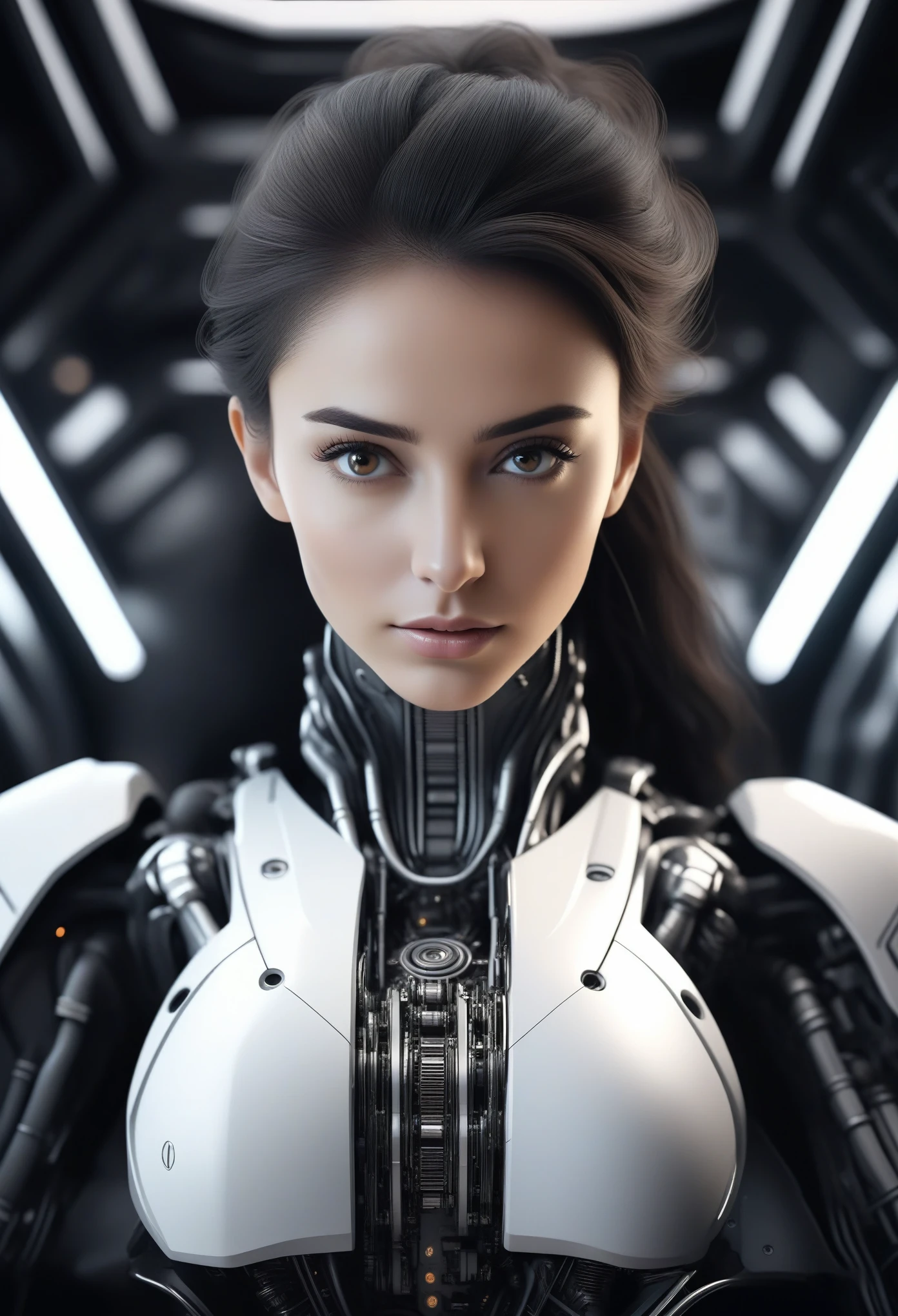 A beautiful girl, mechanical engineering background, black and white color scheme, inside a spaceship, highly detailed, realistic, photorealistic, octane render, 8k, ultra-detailed, cinematic lighting, dramatic shadows, elegant pose, thoughtful expression, intricate machinery, futuristic technology, sleek design, depth of field, cinematic framing