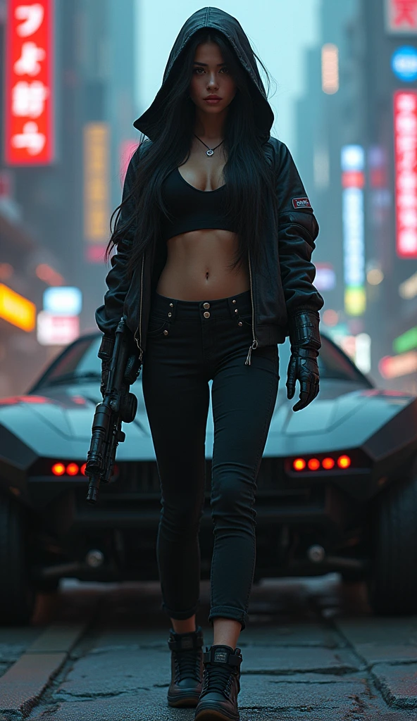 1girl, solo, breasts, black hair, gloves, navel, big breasts, standing, jacket, full body, weapon, shoes, midriff, pants, hood, black footwear, lips, crop top, gun, ground vehicle, sneakers, hooded jacket, motor vehicle, hood up, science fiction, cyberpunk, realistic photography
