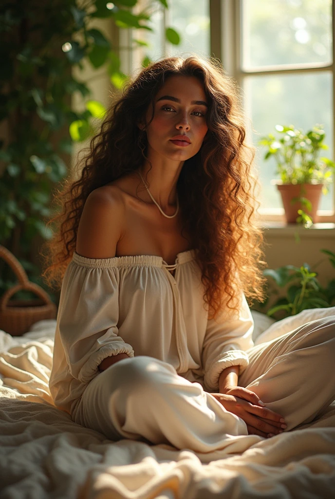 (photorealism:1.2), beautiful woman, sitting on bed, wearing loose off-shoulder top, pajama pants, long curly hair, indoors, soft lighting, plants in background, window with sunlight, cozy room, relaxed pose, realistic, intricate details, warm colors, by Greg Rutkowski, by Alphonse Mucha