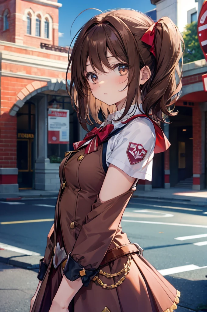 (((brown magical girl))), solo, brown hair, (medium hair), breast, theme park, sad, (((hero suit))), hair pin
