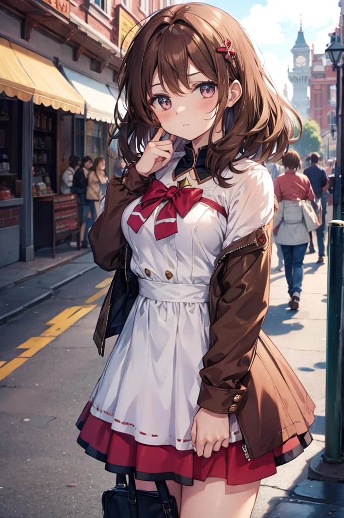 (((brown magical girl))), solo, brown hair, (medium hair), breast, theme park, sad, (((hero suit))), hair pin