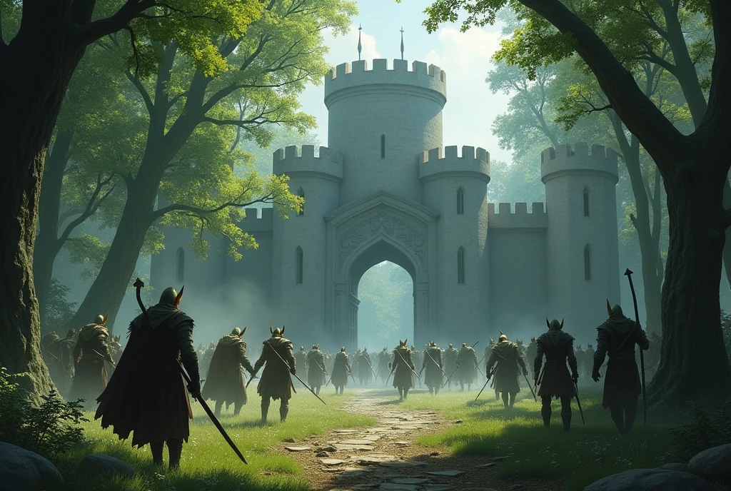 many  [slender elven warriors, elf ears, pale skin] fighting a group of  [orcs, green skin, bulky] fighting outside the gates of an eleven fortress in a dense forest