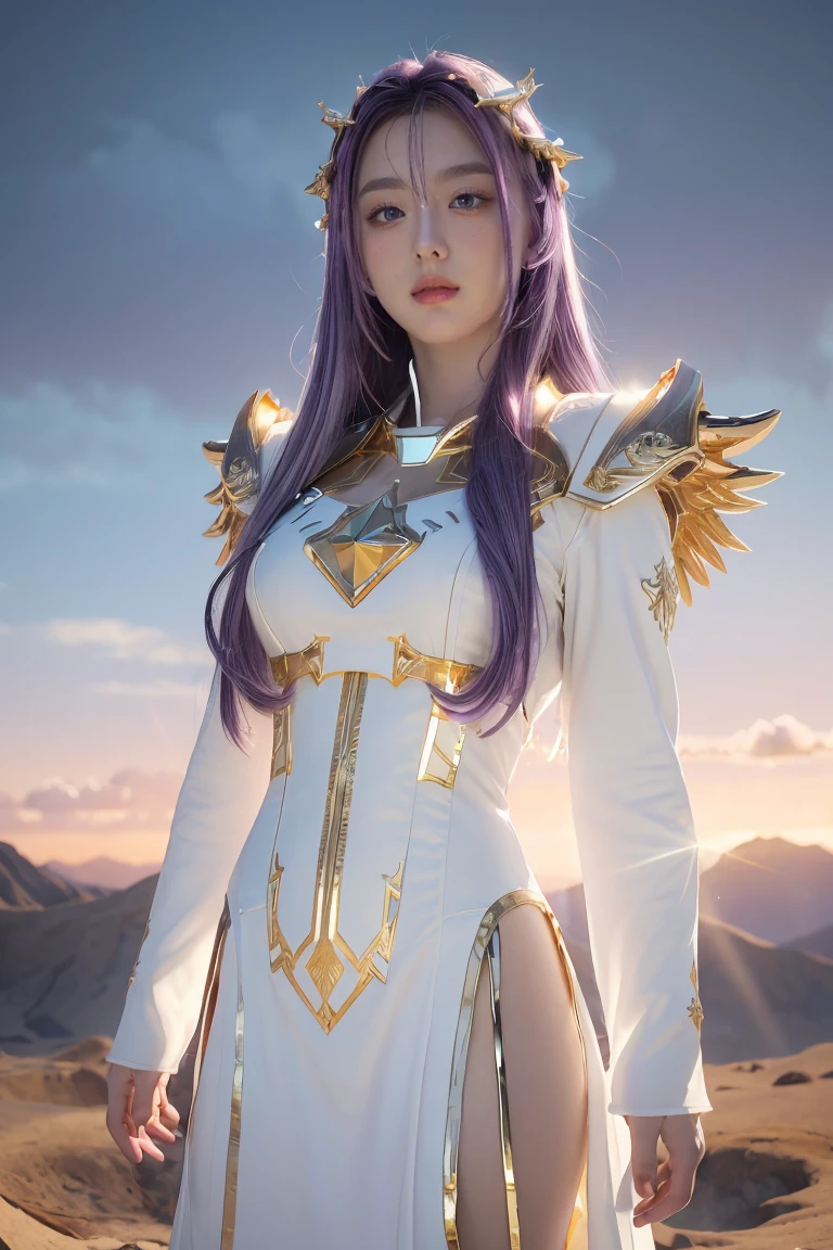 ((masterpiece, best quality, extremely detailed), volumetric lighting, ambient occlusion, colorful, glowing), 
1girl, solo, young girl, (purple hair), long hair, halo, aura, sacred, goddess, cleric suit, (white outfit with gold detailst:1.3), angel wings,
outdoors, sunset, sky, clouds, space, (fantasy theme:1.2),