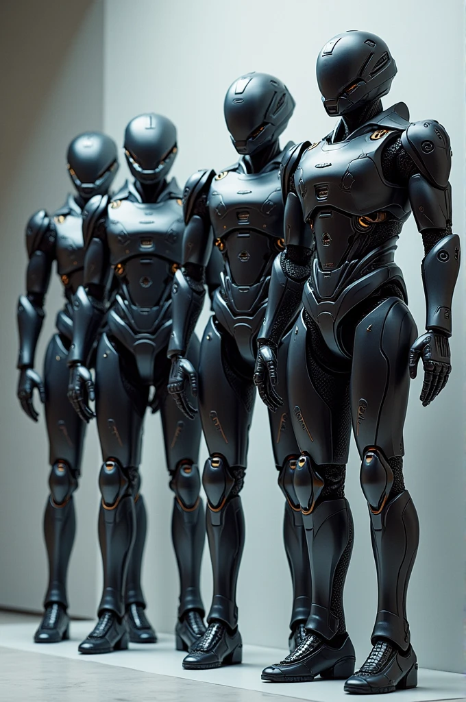 Photo of four technological armors hanging on a wall 