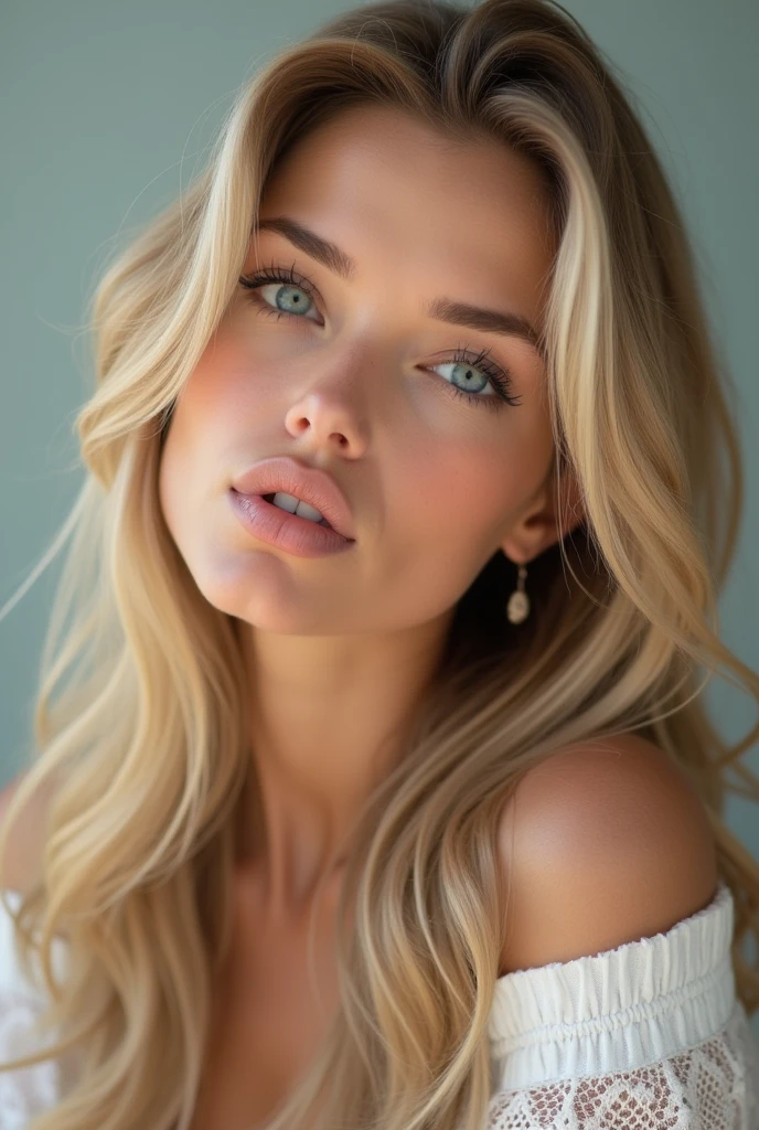 Create a female character who is a beautiful blonde woman with blue eyes. She must have a charming personality, with a combination of intelligence, charisma and sensitivity. Describe it in detail, including your fashion style, hobbies, and a brief life story that shows how she became the incredible person she is today. photo of her with straight hair, blowing a kiss to the camera.