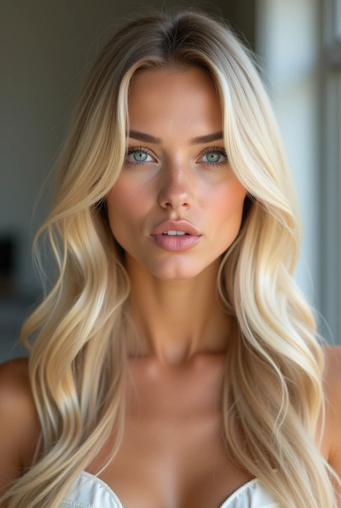 Create a female character who is a beautiful blonde woman with blue eyes. She must have a charming personality, with a combination of intelligence, charisma and sensitivity. Describe it in detail, including your fashion style, hobbies, and a brief life story that shows how she became the incredible person she is today. photo of her with straight hair, blowing a kiss to the camera.