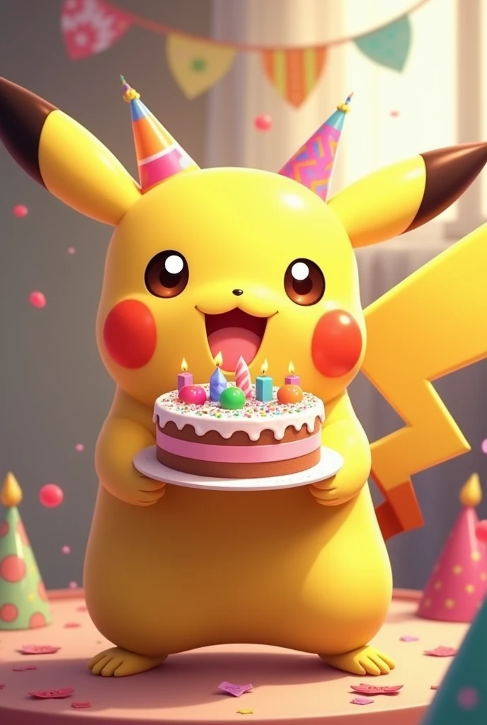 Pikachu holding birthday cake