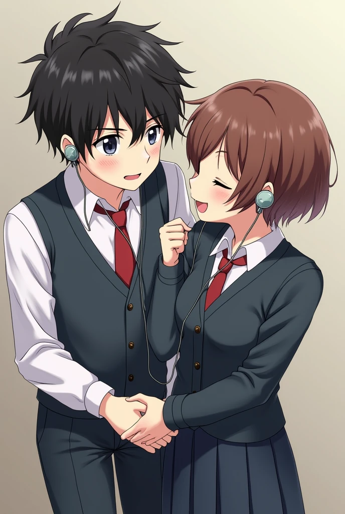 Dark haired boy with wavy black hair and short girl with short curly brown hair sharing ear pots (earphones) both in school uniform