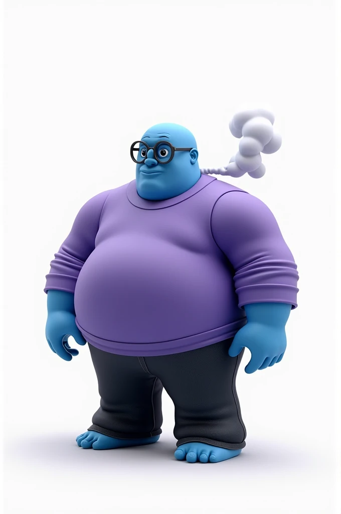 A blue skin tone guy, very fat, purple shirt with long sleeves, wears glasses, black jeans he is bald, he farted, white background only, Roblox style