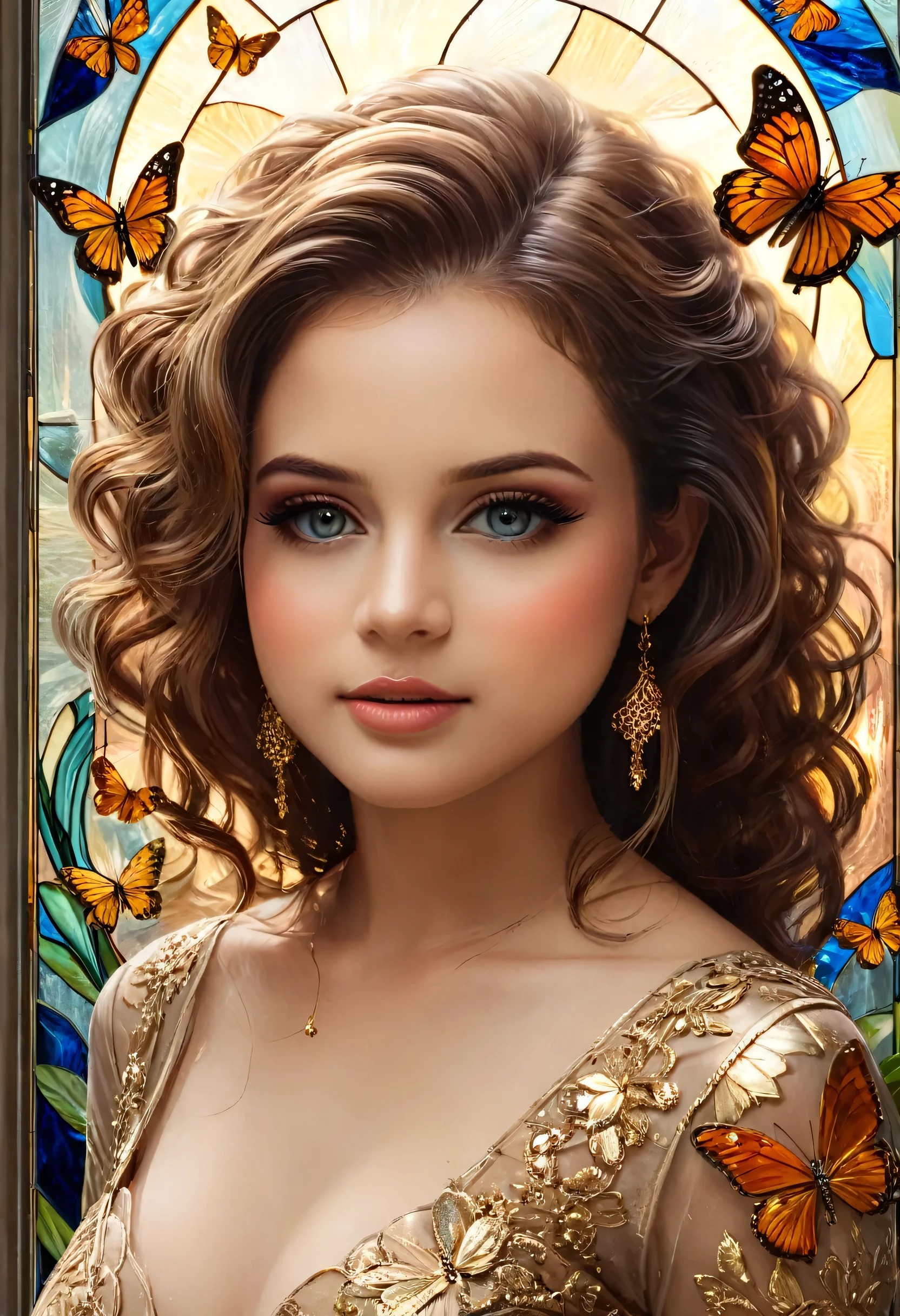 8k image, on body from the waist up, a beautiful and stunning girl, 23 years old, with curly, intricate brown hair, detailed and clear honey eyes, eyelashes and eyebrows
detailed and elegant, highly detailed, majestic, digital photography, artgerm art surreal painting golden butterfly filigree, broken colored stained glass, (masterpiece, side lighting, beautiful finely detailed eyes: 1.2), hdr, (detailed background window for a new dimension, plants and flowers: 0.7) infinity, infinity symbol.