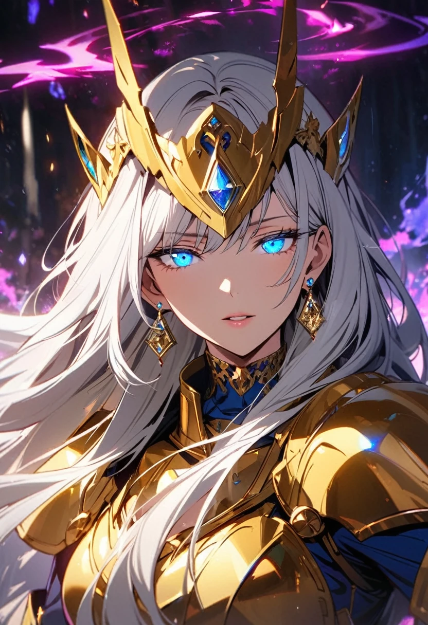 woman, blue eyes, long hair, white hair, mature, diamond earings, beautiful, beautiful color, holo, light aura, glowing eyes, golden armor, macro picture, half eyes