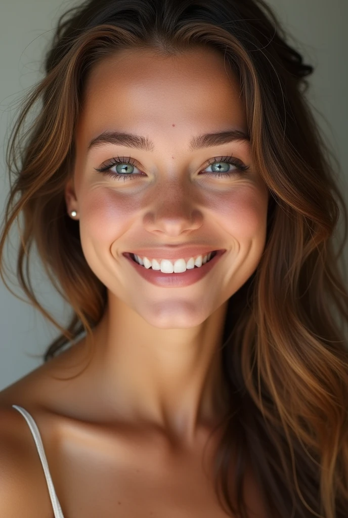 Create a highly realistic image of a young woman with a fair complexion, long brown hair, and blue eyes, smiling warmly. She should appear natural and friendly, suitable for a YouTube thumbnail