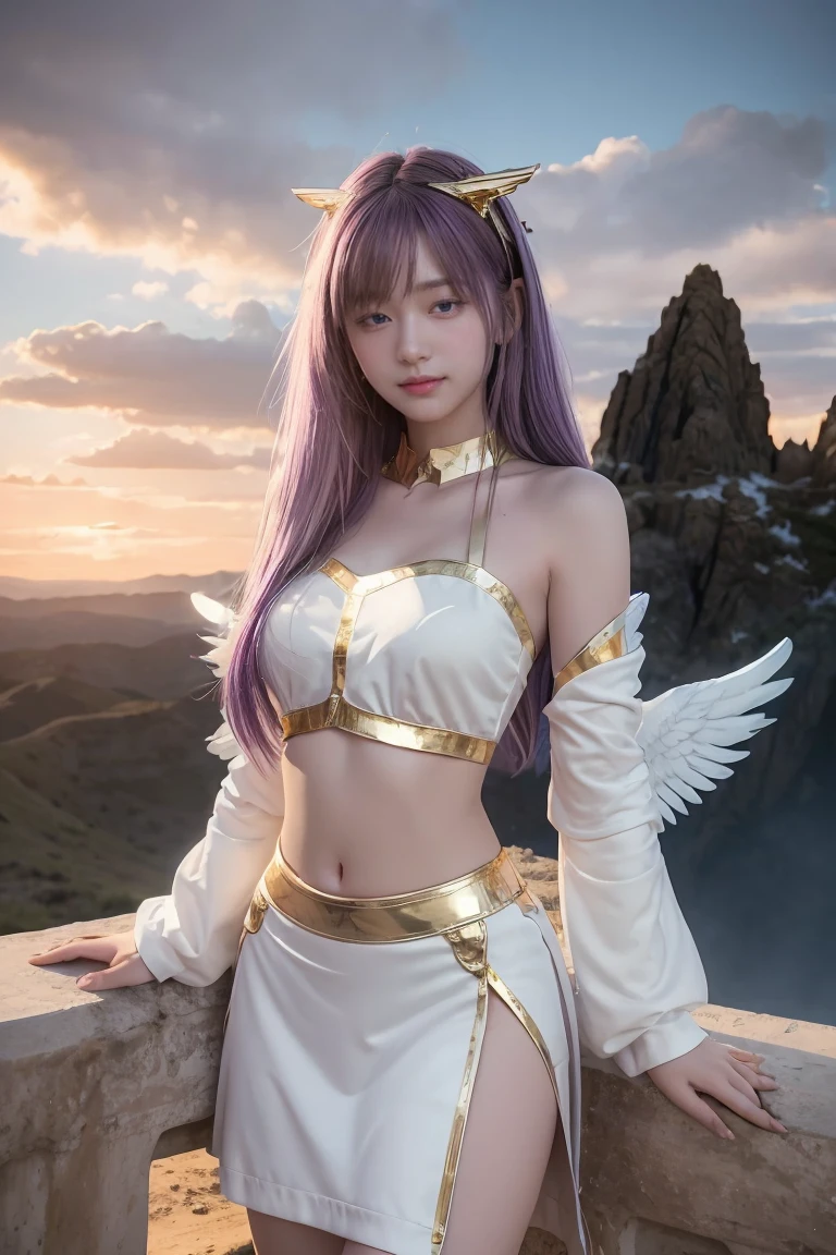 ((masterpiece, best quality, extremely detailed), volumetric lighting, ambient occlusion, colorful, glowing), 
1girl, solo, young girl, (purple hair), long hair, halo, aura, sacred, goddess, cleric suit, (white outfit with gold detailst:1.3), angel wings,
outdoors, sunset, sky, clouds, space, (fantasy theme:1.2),