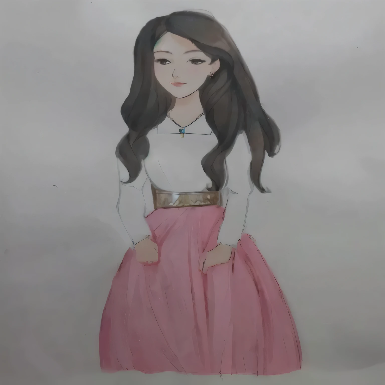 a drawing of a woman in a pink skirt and white blouse, full - length portrait, retrato de meio corpo, colourful drawing, inspired by Francesco Hayez, colourful drawing, inspired by Altoon Sultan, full - length portrait, character full - length portrait, !!full - length portrait!!, Inspirado em Reyna Rochin, inspired by Olivia Peguero, dressed with long fluent clothes