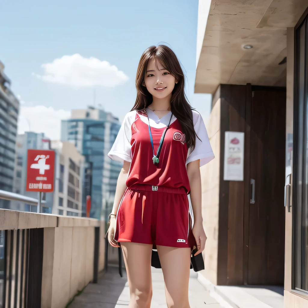 ultra hi resolution picture、One Girl、smile、Long Hair、（Sportswear、Full Body Evian、Red pendant、Full body image）