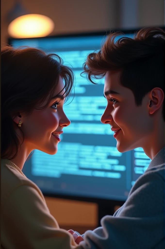 two people one on each side of a screen. They are smiling and talking to each other, and their eyes are locked on each other. The screen is filled with text, and it is clear that they are communicating through social media.