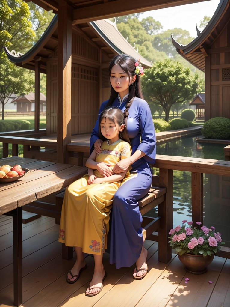 3D image, wide view, full body, 8k resolution, realistic, old man and woman, well-dressed, sitting on a wooden table, with a beautiful woman as a daughter, sweet and gentle face, wearing a Thai dress, blue, sitting, hugging the woman who is the mother, the background scene, the flower garden behind the house and the Thai wooden house