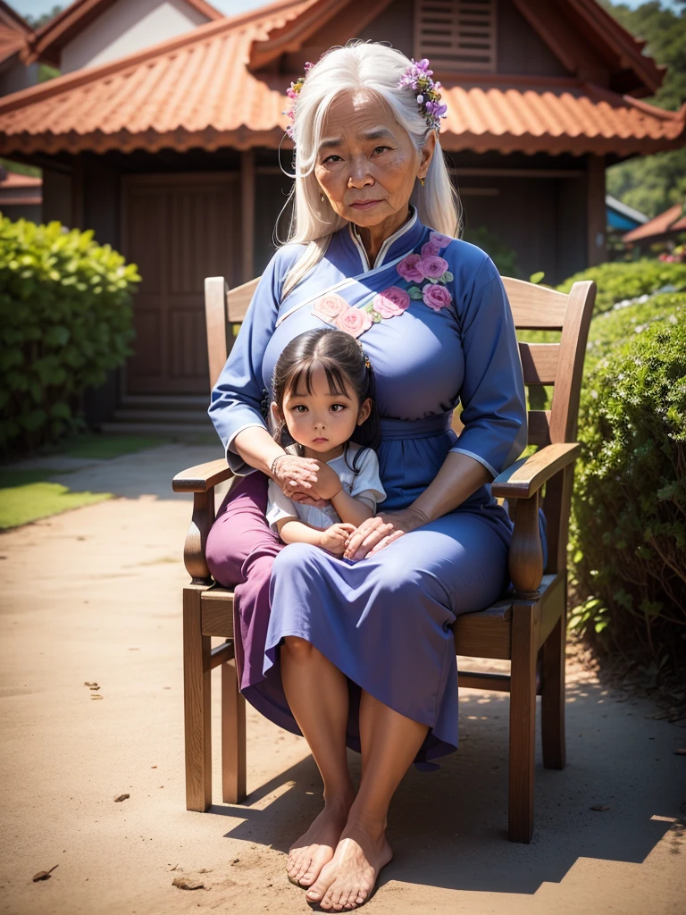 3D image, wide view, full body, 8k resolution, realistic, old man and woman, well-dressed, sitting on a wooden table, with a beautiful woman as a daughter, sweet and gentle face, wearing a Thai dress, blue, sitting, hugging the woman who is the mother, the background scene, the flower garden behind the house and the Thai wooden house 