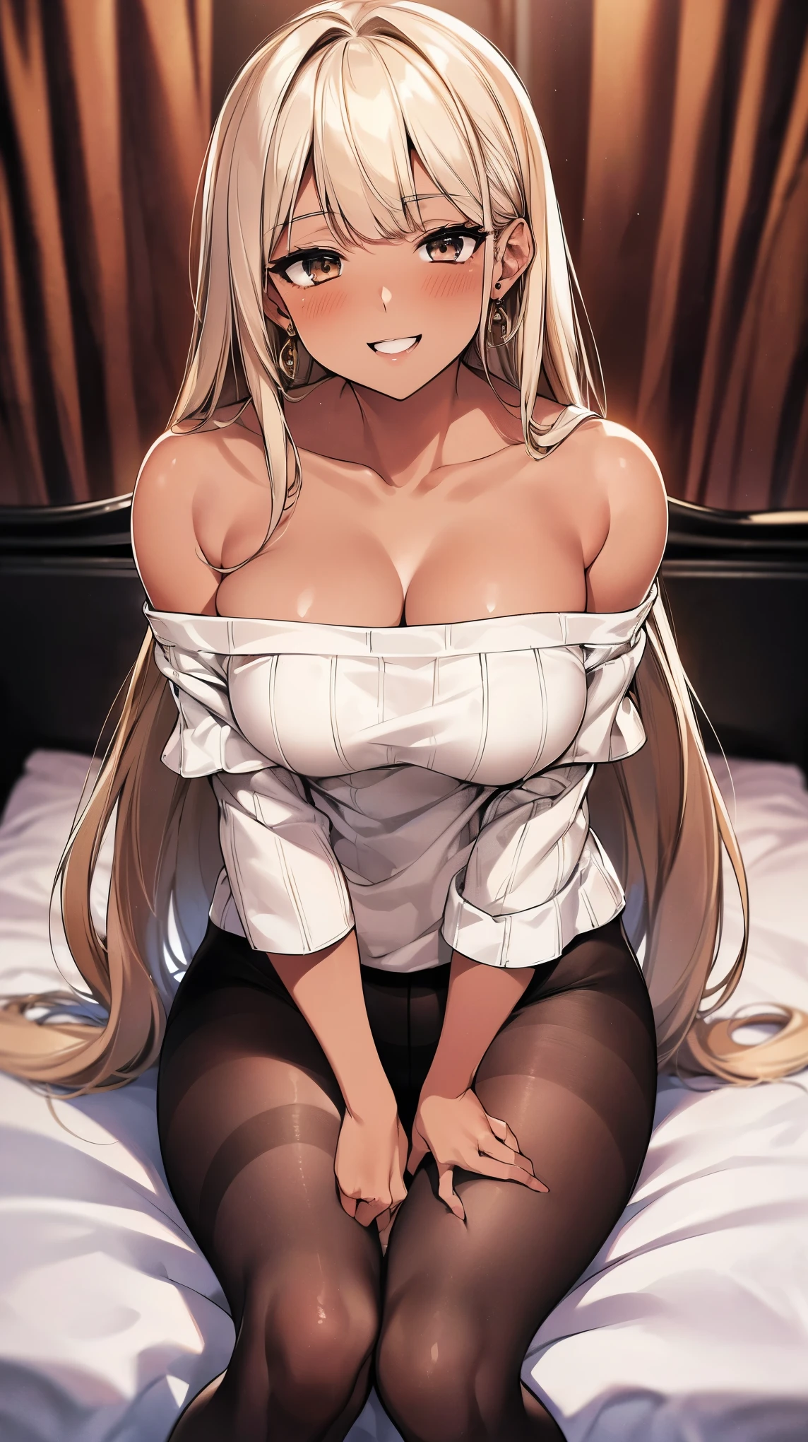 (8k、Best image quality、Highest quality、masterpiece)、Detailed face、One Girl、((Brown Skin:1.3))、blonde、Long Hair、Diagonal bangs、Earrings、Grey Eyes、Wicked Smile、Large Breasts、((White knit))、((Off the shoulder))、((Strapless))、((Black Pantyhose))、Cowboy Shot、wariza、On the bed、Bedroom Background