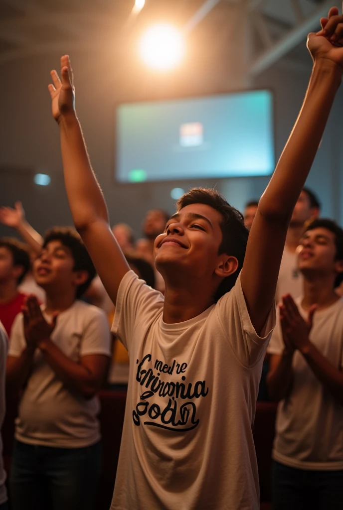 young Brazilians worshiping God, wearing a shirt with a print that says "Positioning", with a divine light coming from above.