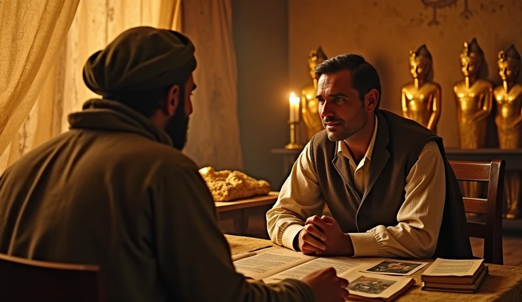 A cinematic scene capturing renowned archaeologist Howard Carter as he talks to an Egyptian worker from 1922, traditional Egyptian worker's clothing from the year 1922, they are inside a fabric tent, Archaeologist Carter wears archaeologist's clothes and is sitting at a table with ancient books and pictures of Egyptian pyramids.  His face, etched with awe and reverence, reveals the amazement of discovering ancient Egyptian treasures. The background displays a tent filled with ancient golden Egyptian statues, Pharaoh Tutankhamun's gold sarcophagus, jewelry and other artifacts shining in the soft candlelight. The aged walls, marked by time, evoke a sense of history and mystery., photo, cinematography, architecture