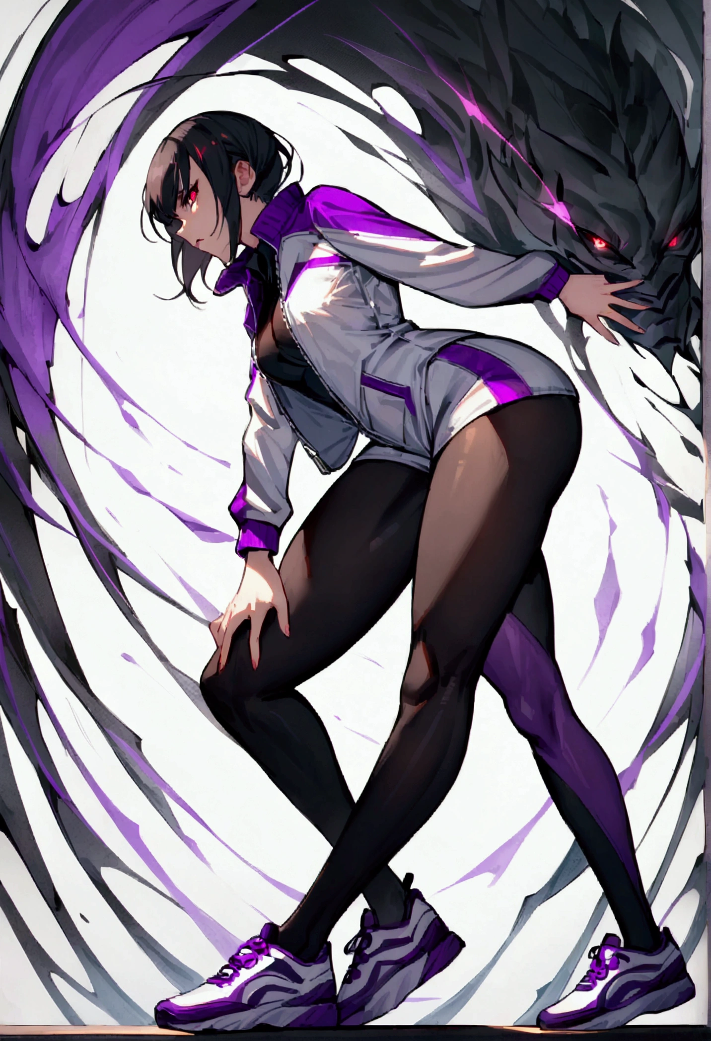 Adult woman with long white hair, huge breasts, gray skin,Demon horn,Purple Eyes,White top,Abdominal muscles,Bare arms,Hood cloth,Bare Legs,barefoot